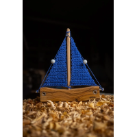 Olive wooden boat with knitted sails blue colour