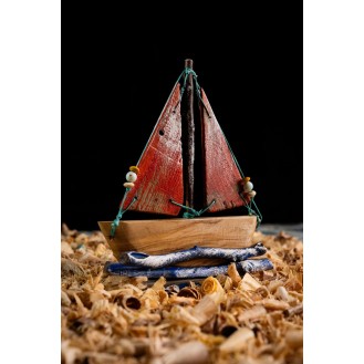 Olive Wooden Boat with 2 Colored Wooden Sails Red