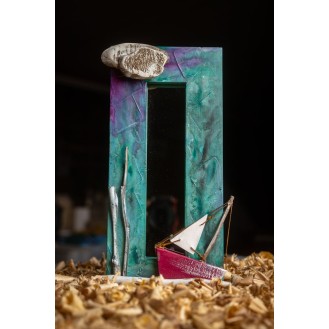 Wooden Mirror with Houses or Boat Turquoise