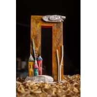 Colored Vertical Wooden Mirror with Houses Orange