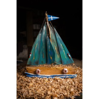 Olive wooden boat with 5 sails & Greek Flag Blue